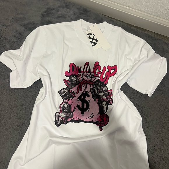 White Graphic T-Shirt with Pink and Black Design - Picture 1 of 3